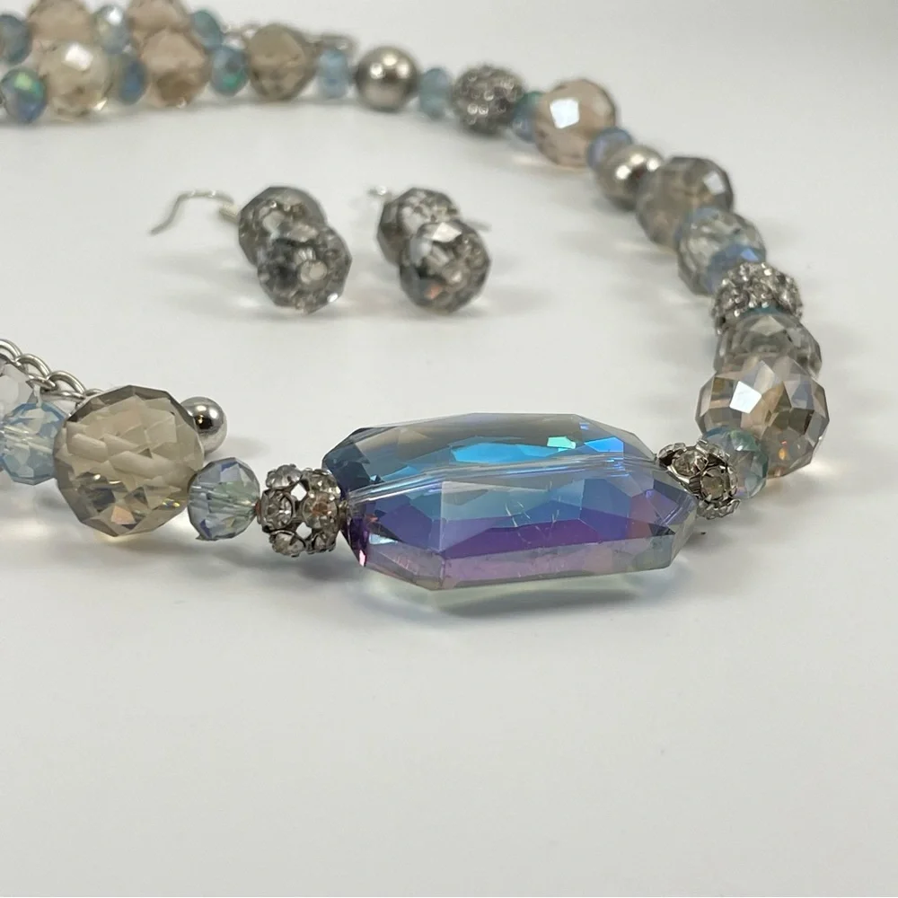 Chunky Bold Glass Beaded Statement Necklace And Earrings Set Stunning Beautiful